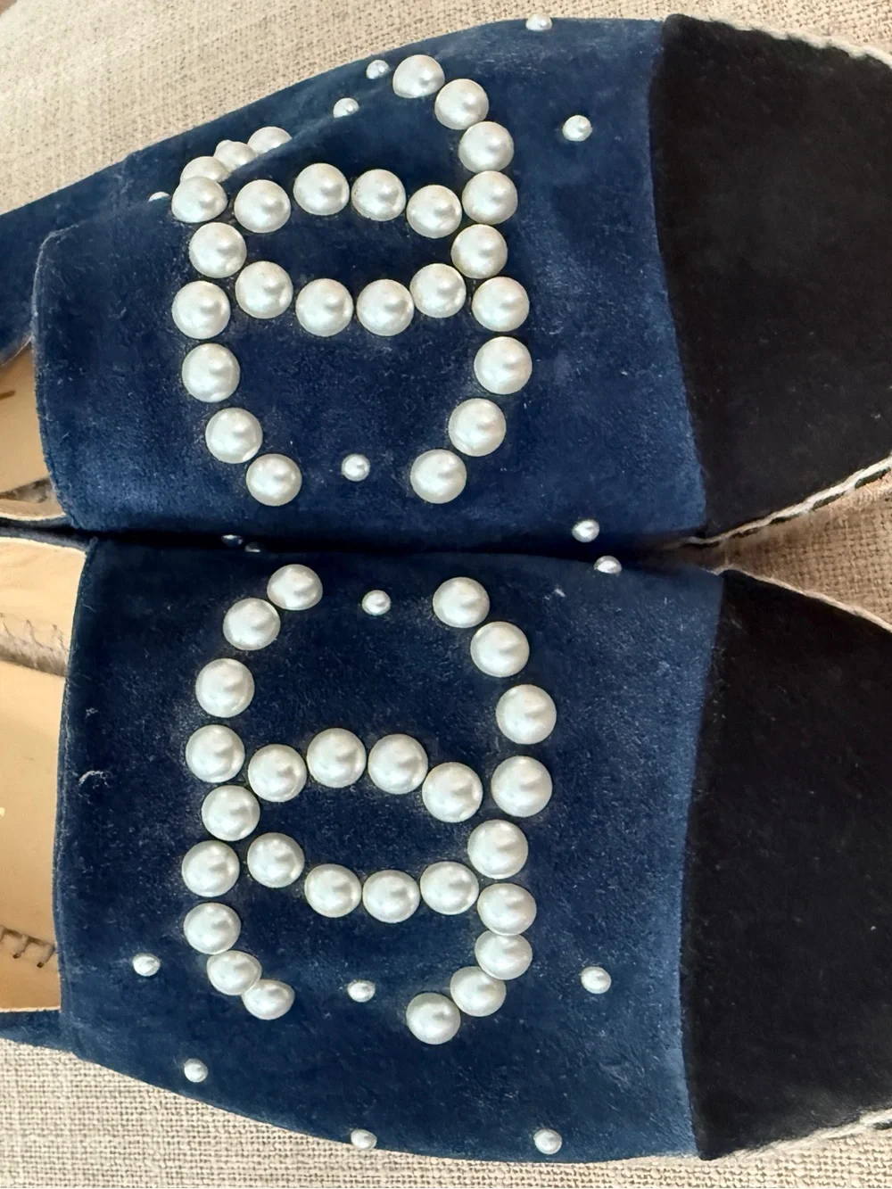 CHANEL Navy Blue Velvet Espadrilles with Pearl CC Logo